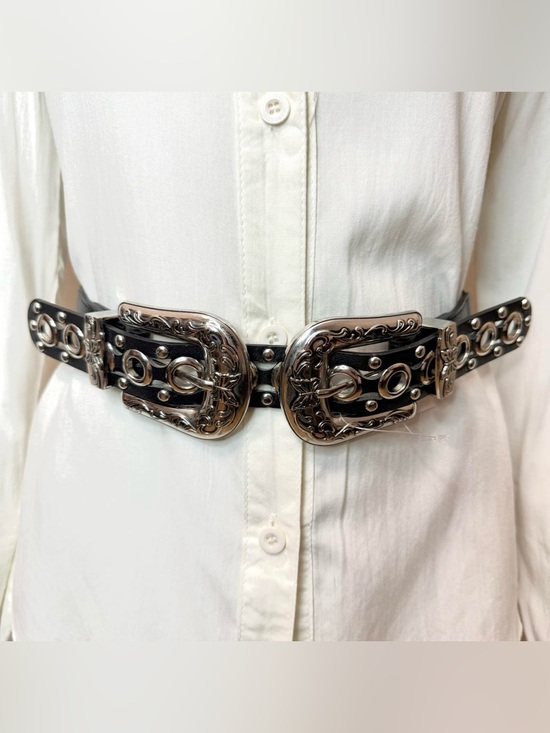 Accessories - Black PU studded leather silver tone chunky double buckle elastic waistband belt